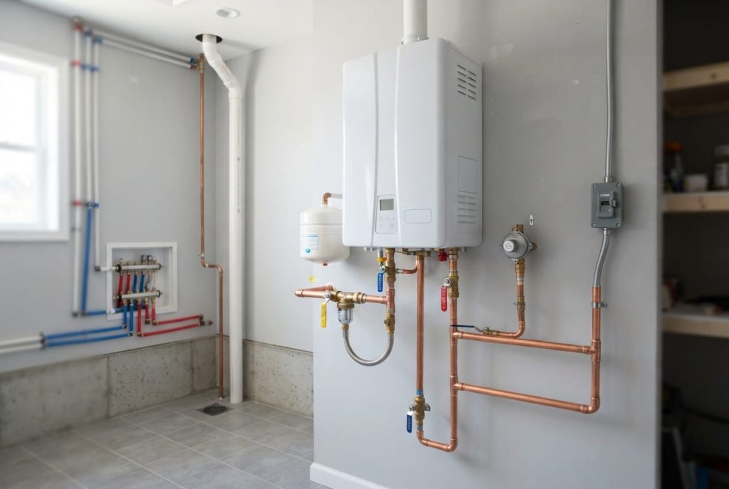 Wall-mounted tankless water heater with copper connections