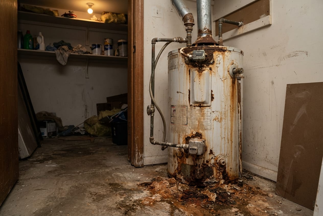 Older tank water heater ready for replacement