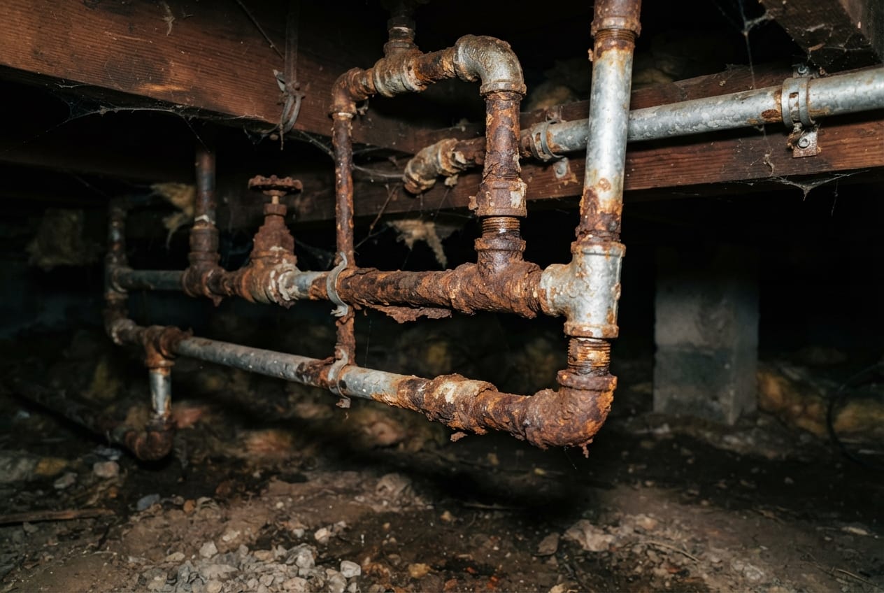 Corroded galvanized supply lines under an older house