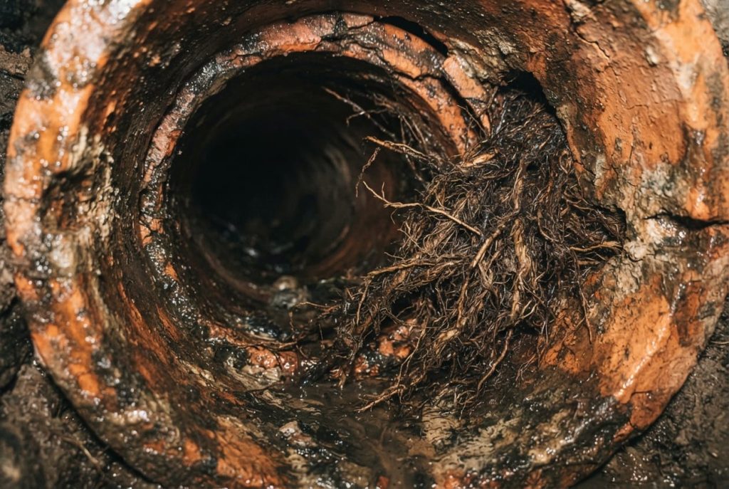 Failed clay sewer pipe with heavy root intrusion