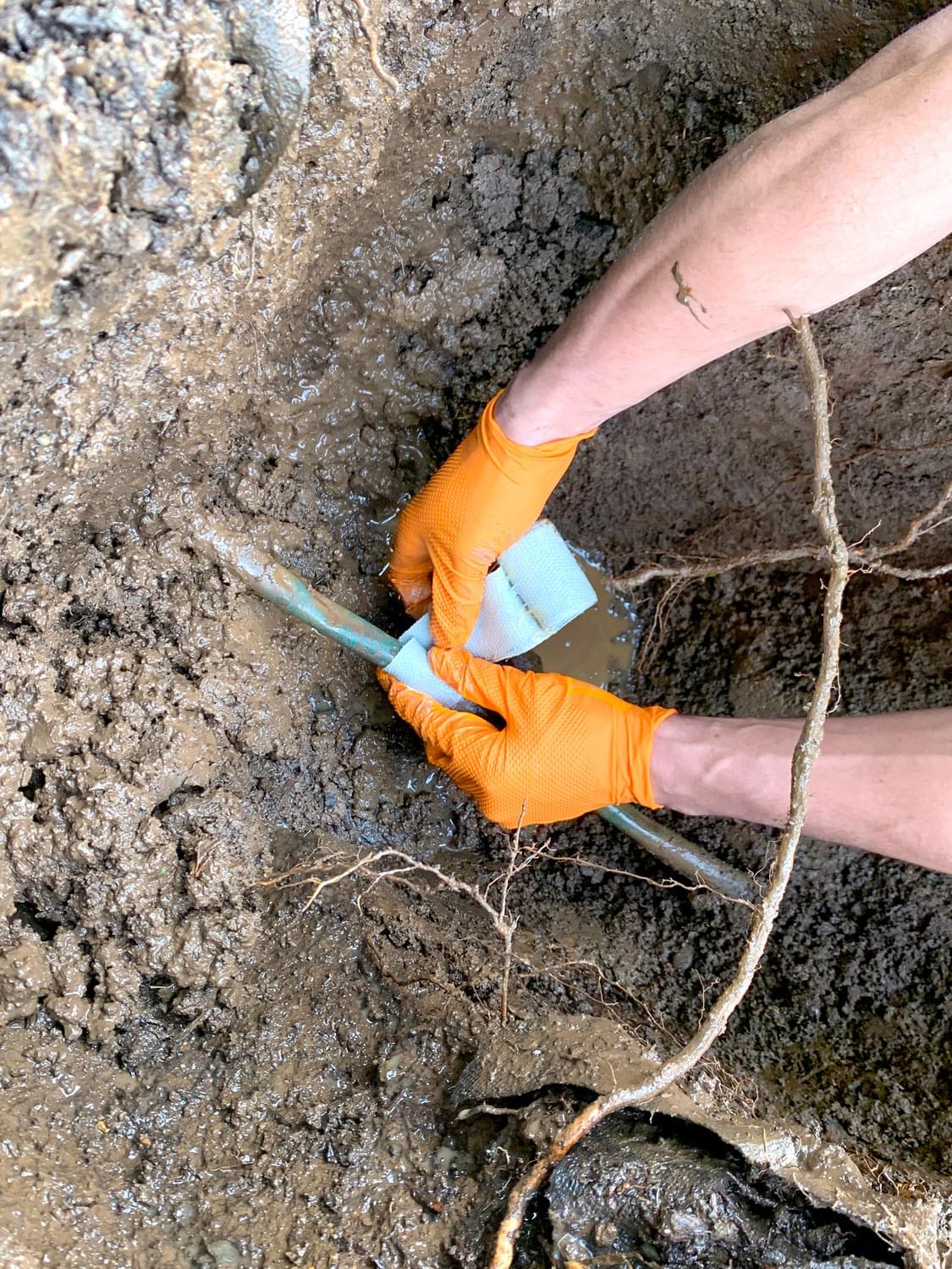 Gloved hands repairing a buried water line in a muddy trench with tree roots exposed