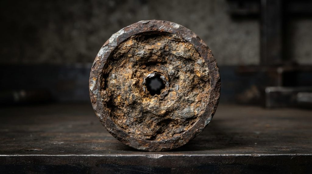 Corroded galvanized pipe cross-section showing interior rust buildup