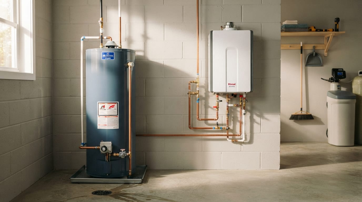 Tank and tankless water heaters side by side