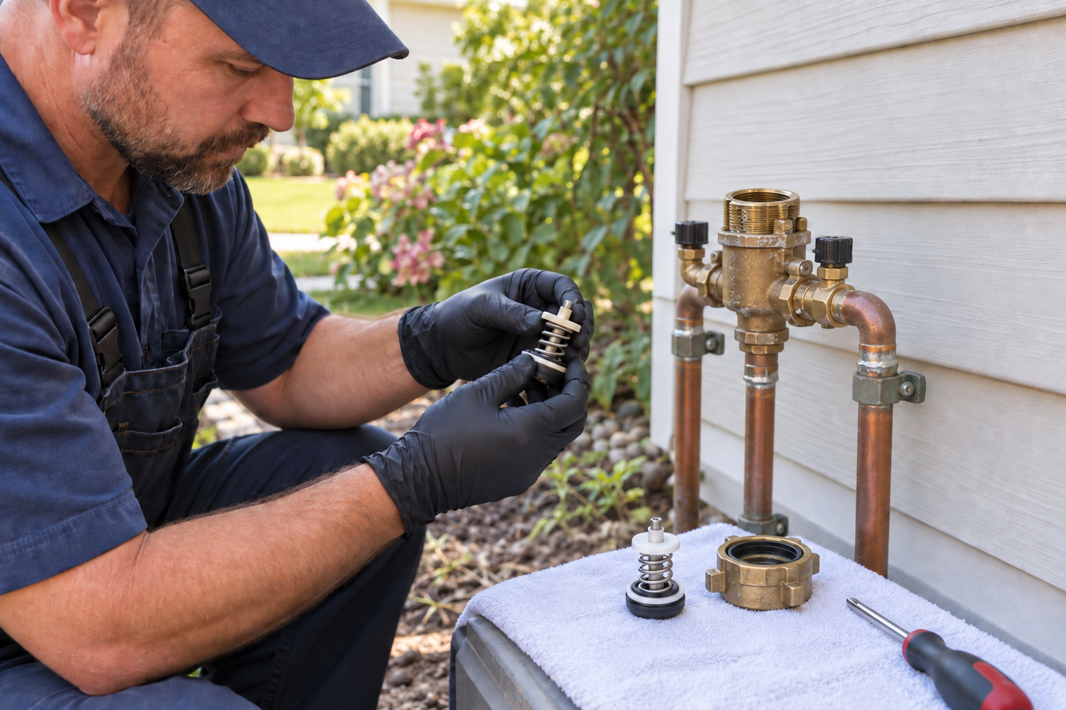 Plumber inspecting a spring and seal while repairing a residential backflow preventer