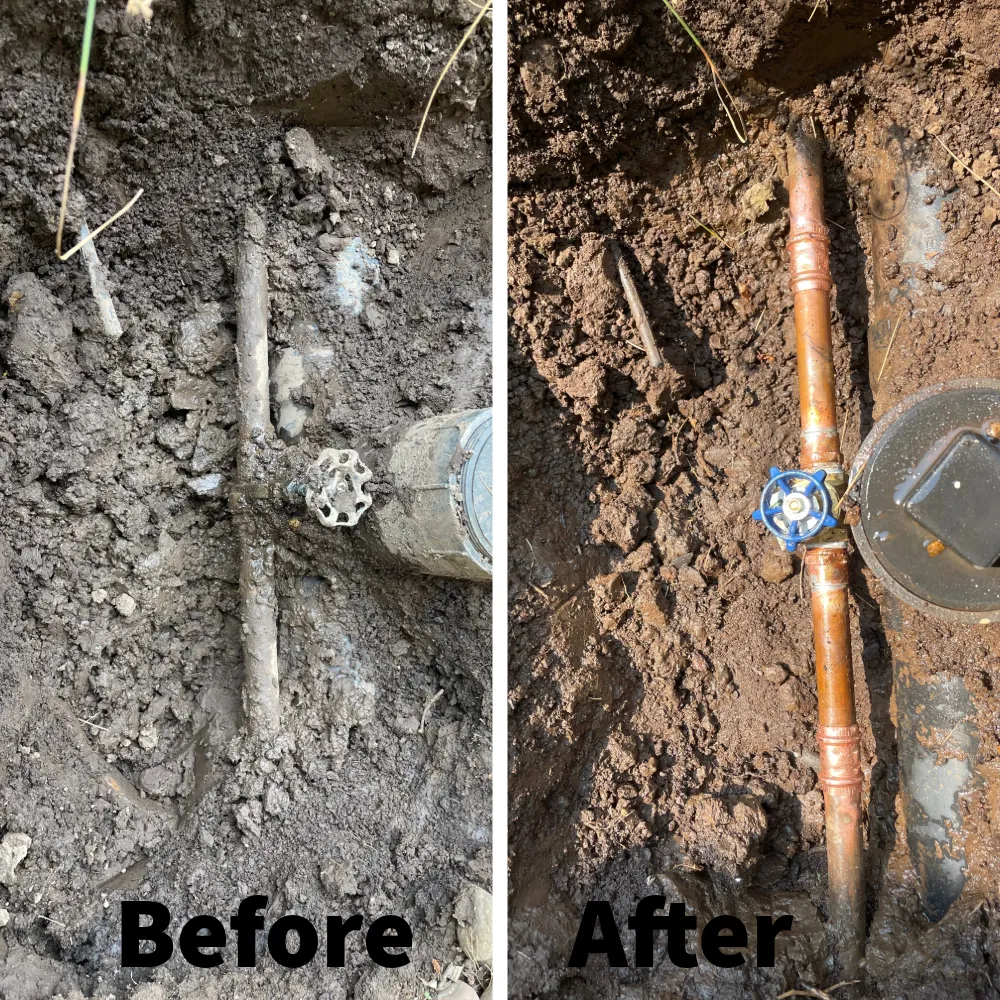 Two Precision Plumbing technicians at a house