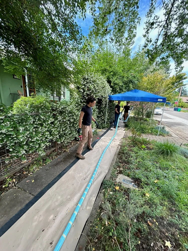 Equipment set up along a residential walk