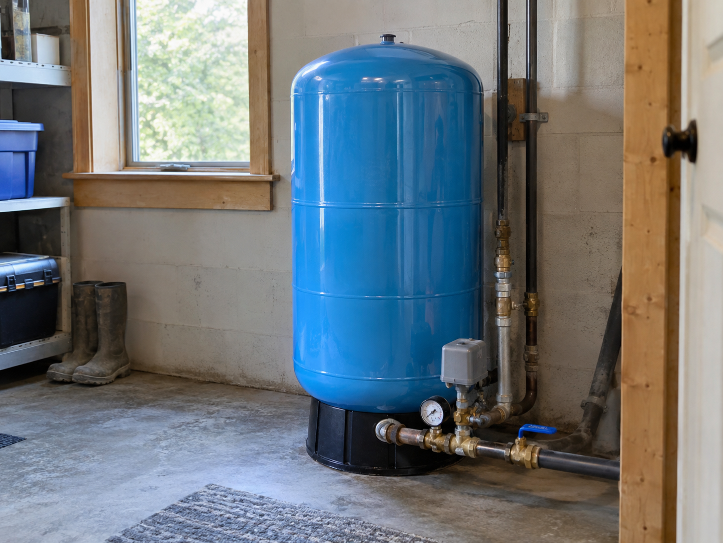 Blue residential well pressure tank with pressure gauge and switch in a home utility room