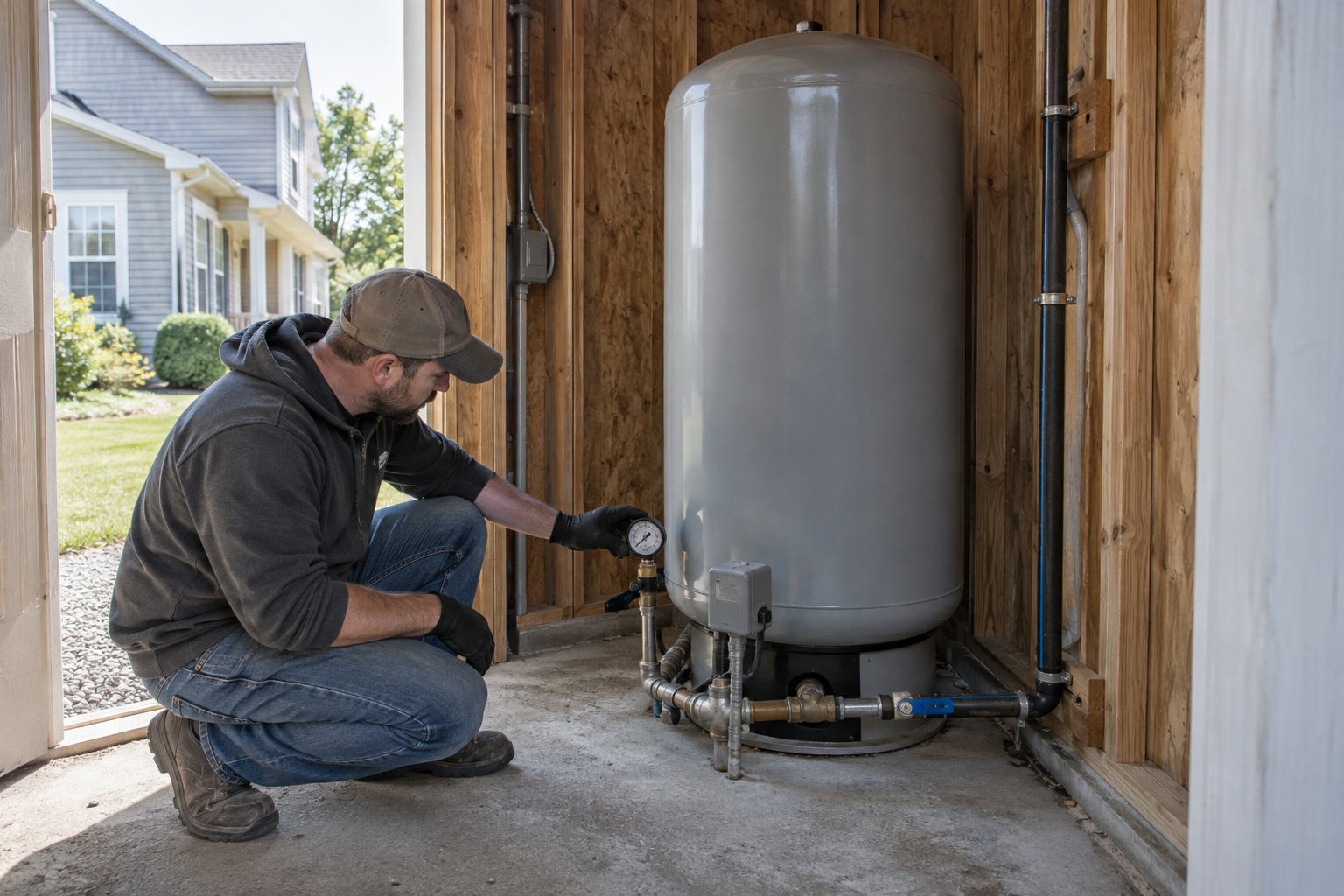 Technician checking the pressure gauge on a residential well pressure tank in a pump house