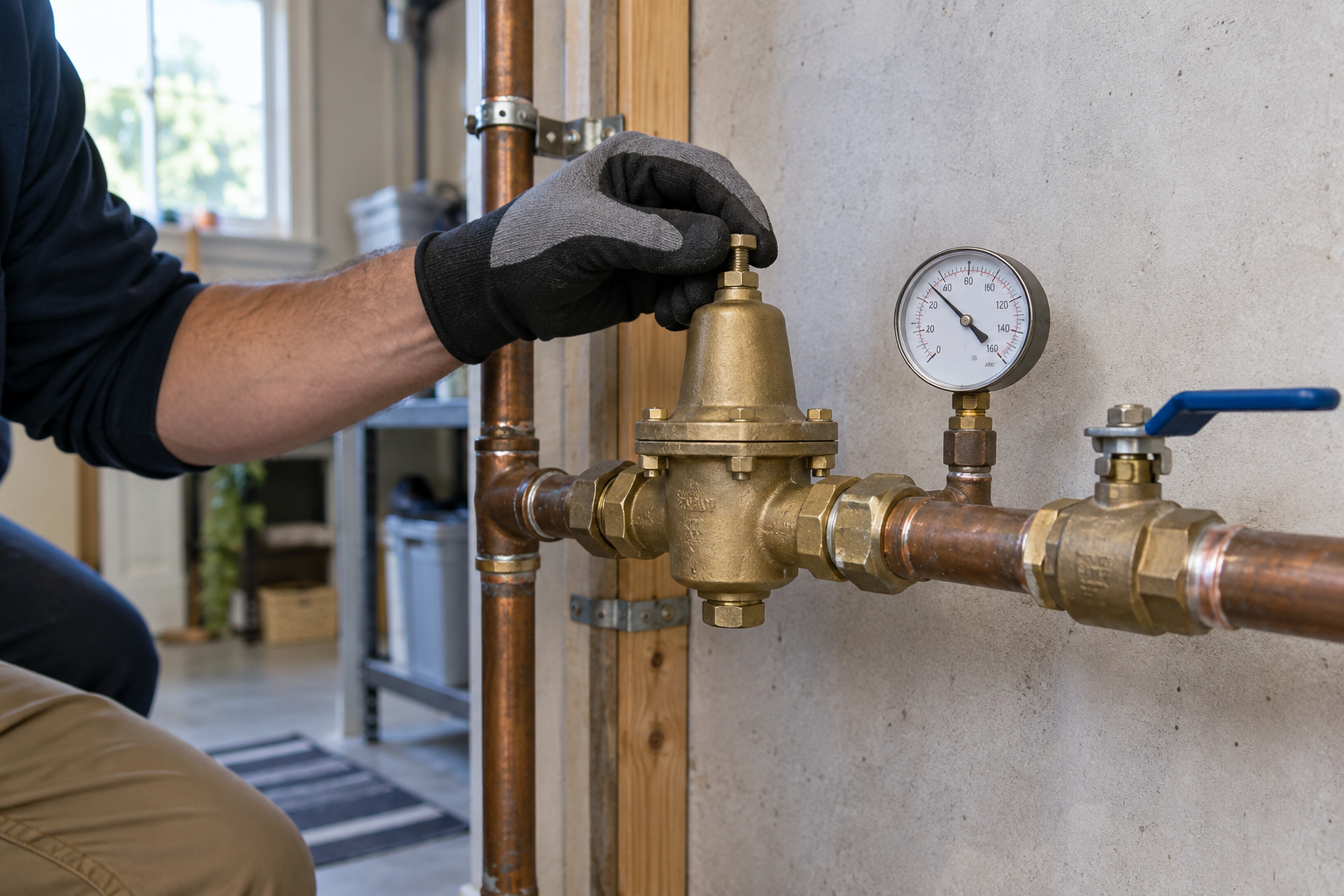 Residential water pressure regulator and gauge on copper supply piping being checked by a technician