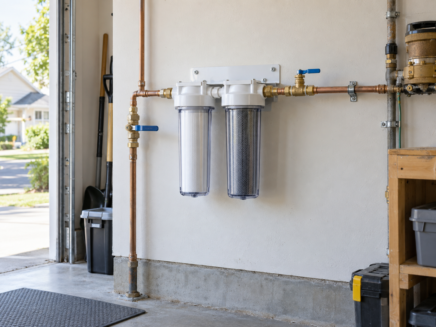Whole-home water filtration system mounted on a residential garage wall