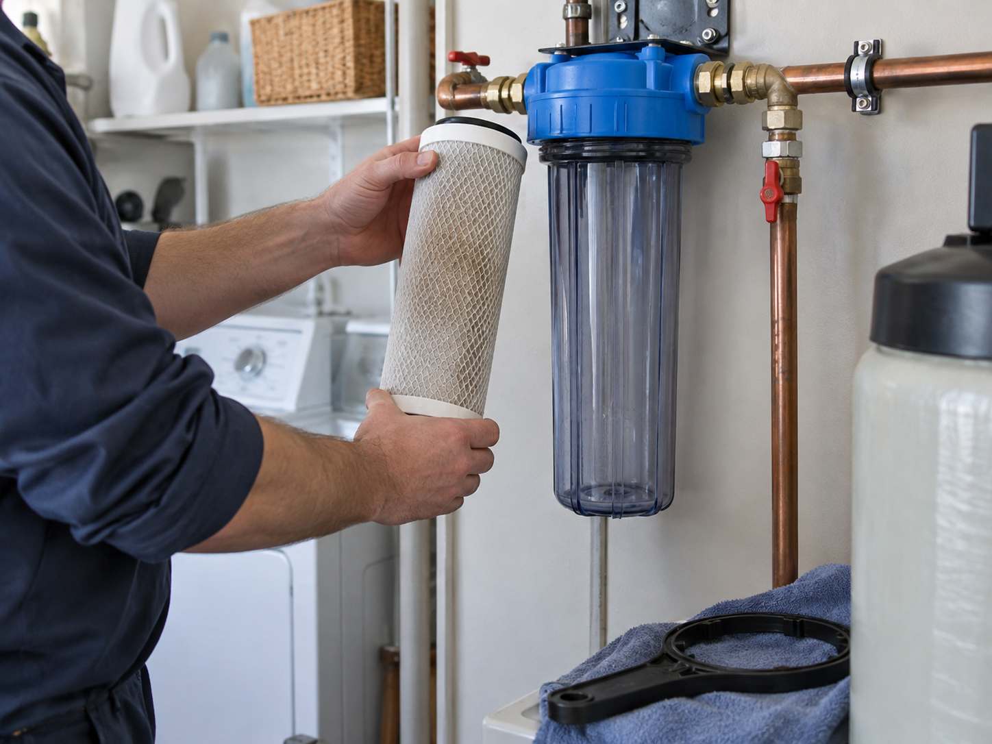 Replacing a whole-home water filter cartridge in a residential utility room