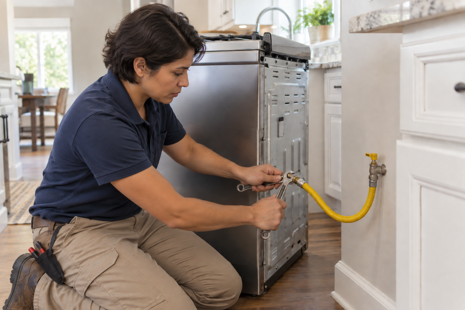 Technician connecting a gas range to a residential gas shutoff and appliance supply line