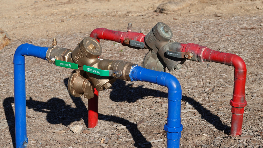 Outdoor backflow preventer assembly with red and blue piping